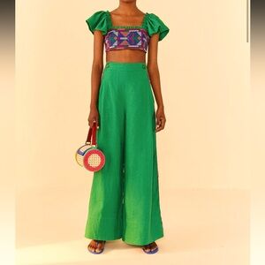 Farm Rio Embroidered Green Wide-Leg 100% Linen Pants Size M